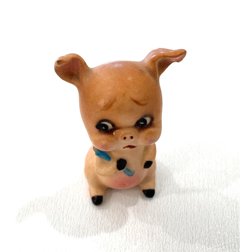 Vintage Josefs Originals Japan Bisque Pig Figurine Mini Sad Piggy Going Market